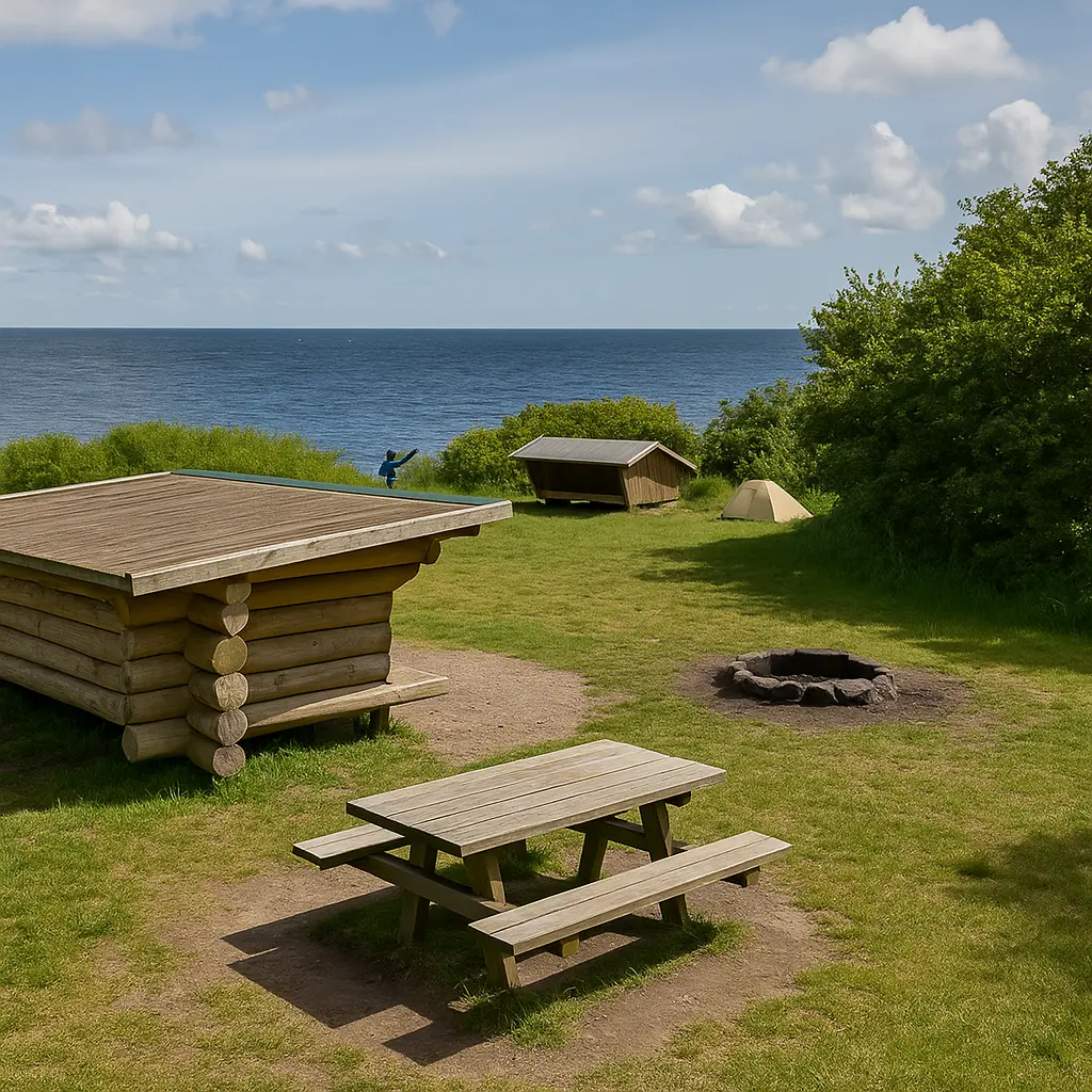 Shelterplads på Bornholm med udsigt over havet, træbeklædte sheltere, picnicbord, bålplads og telt i baggrunden – omgivet af grønne buske og blå himmel.